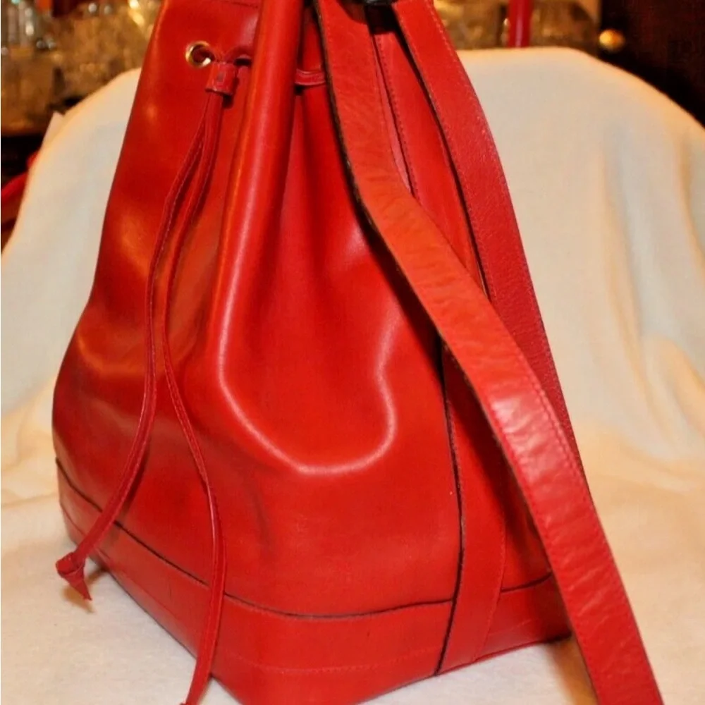 Red Leather Drawstring Bucket Bag - Picture 9 of 9